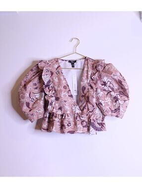 NWT AQUA Mauve Floral Peasant Style Crop Wrap Blouse - XS